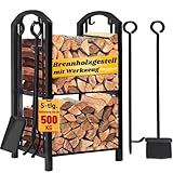 Amagabeli Kaminholzregal Innen Brennholzregal mit 4 Kaminwerkzeug Kaminholzständer Kaminbesteck für Außen Kaminholzhalter Holzregal für Kamin Kaminofen Besteck...